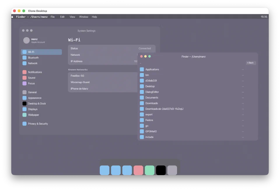 Clone Desktop running Settings (Wi-Fi panel) and Finder side by side, dark mode