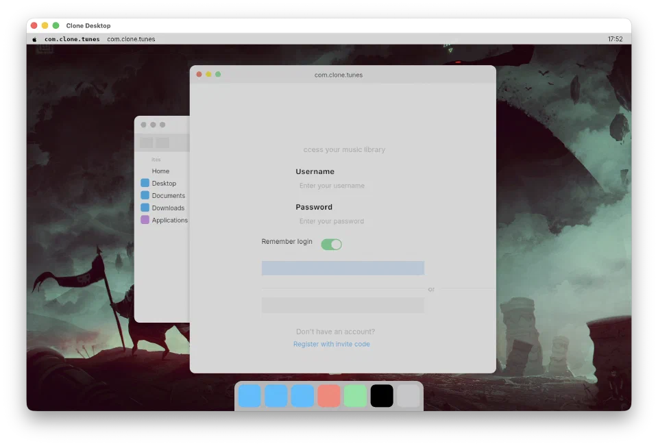 Tunes showing a login form with username/password fields, a toggle, and a registration link, alongside a Finder window