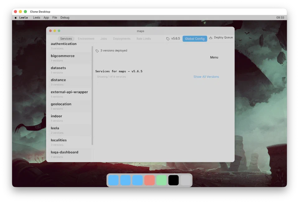 Leela showing a service management view with sidebar navigation, tab bar, version tags, and service listings